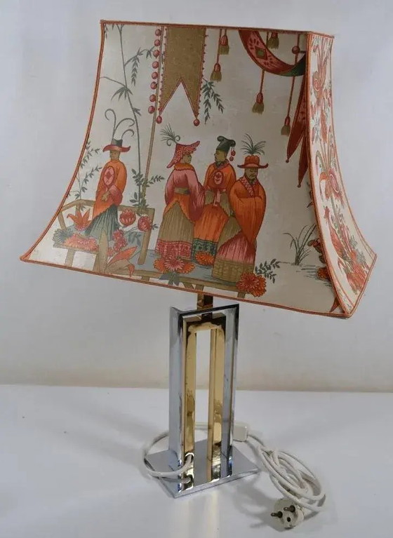 Francia anni '70 - Lampada vintage con base cromata e paralume con decoro asiatico – Lampade da lettura (photo 2 of 12)