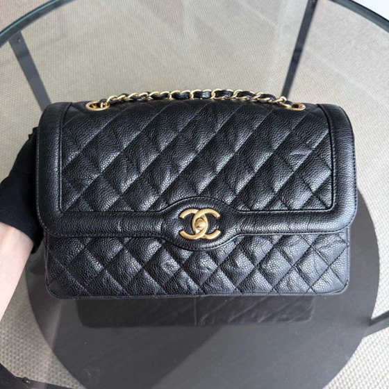 Image 1 of Chanel Seasonal Two-Tone Flap - Caviar 28CM Quilted Black Gold Hardware Series 21