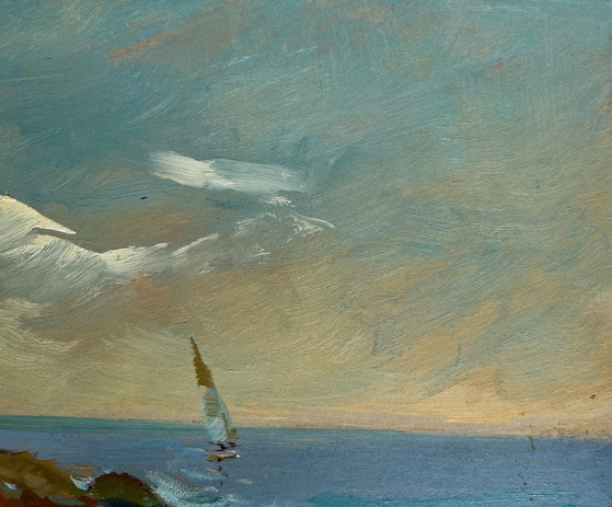 Image 1 of Original Oil Painting Coastal Landscape Admire the sunset at sea