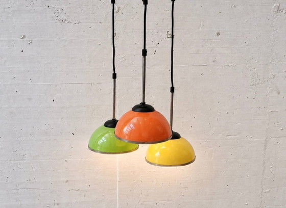 Image 1 of Space-age pendant lamp with three colored metal shades, 1970s