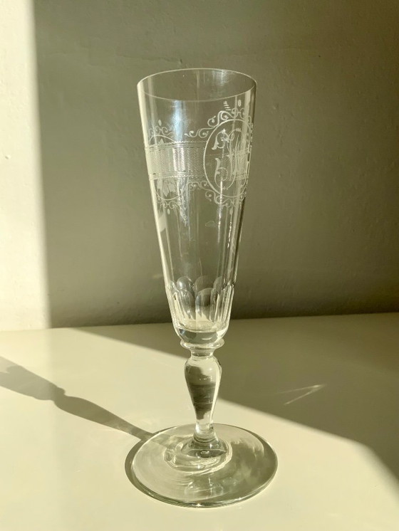 Image 1 of Bicchiere da vino/champagne in cristallo antico inciso a mano - Monogrammato - Circa 1900