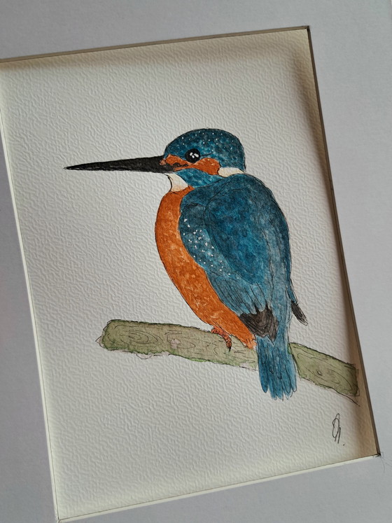 Image 1 of Aquarel schilderij origineel ijsvogel in lijst