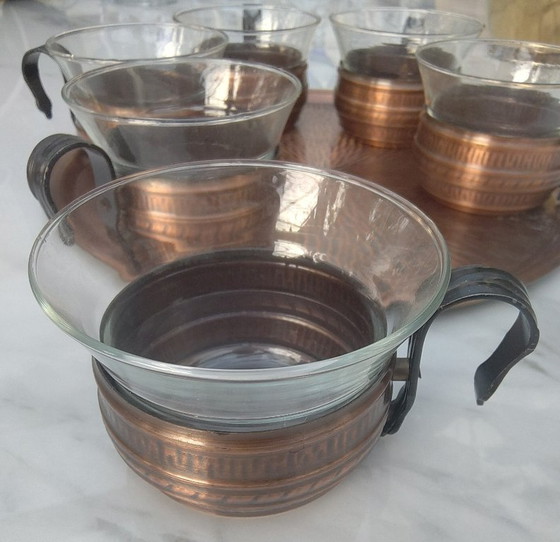 Image 1 of Set da tè in rame/vetro, vassoio da 7 pezzi con 6 bicchieri