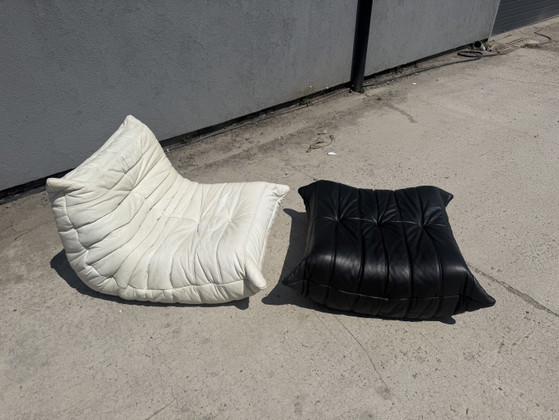 Image 1 of 100 % authentisches Ligne Roset Togo 1-teiliges Set + Pouf, originales schwarz-weißes Leder