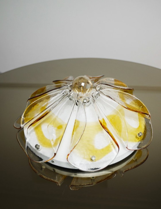 Image 1 of 1970s Amber Glass Petal Ceiling Light, Murano Style Flush Mount, Vintage Hand-Blown Mid Century MCM Lamp
