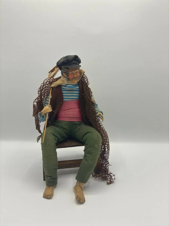 Dressed Santon – Seated Fisherman with Net – Large Size – Provence – Decorative Objects, Wood, Metal (photo 3 of 3)