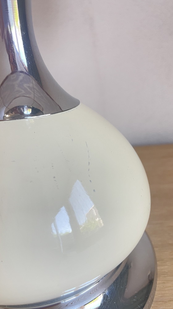Image 1 of Vintage Handmade Table Lamp (44cm) – Chrome & Beige Base with Old Rose Ikat Shade