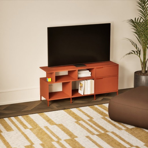 Tylko tv-meubel in rood, met deur en lade.