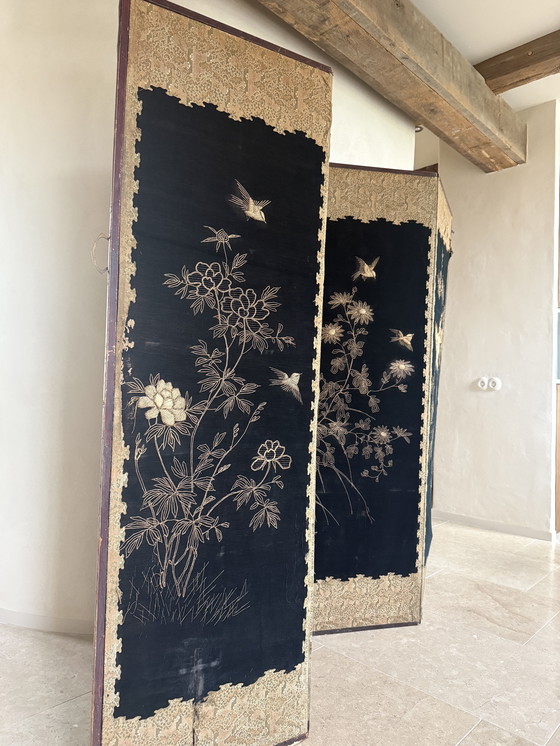 Image 1 of Antique Chinese embroidered chinoiserie folding screen ca. 1885