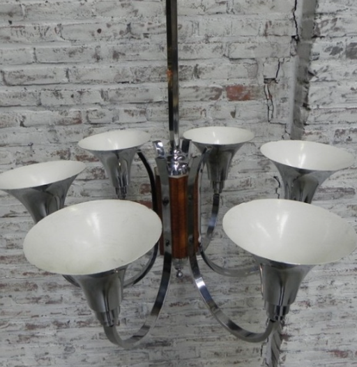 Grande lampada a sospensione Art Déco con 6 fiale cromate