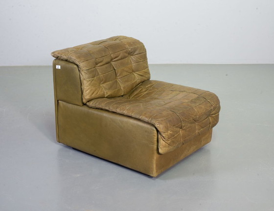 Image 1 of Sofá modular De Sede DS11 de cuero con parches verde oliva, diseño de mediados de siglo, 6 elementos. Suiza, años 70.