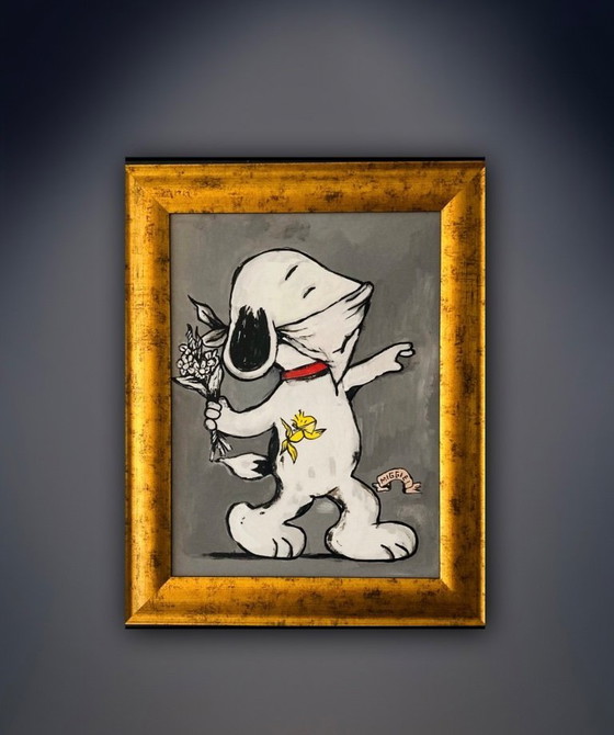 Image 1 of Miggie : "Nous voulons tous être un Banksy, par Snoopy". Peinture unique et signée à la main, avec COA. Cadre inclus.