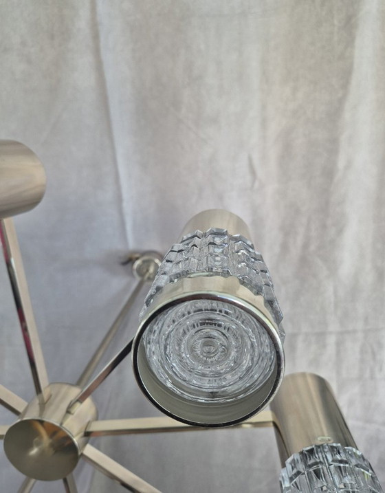 Image 1 of Lustre Kaiser Leuchten 42481/081 Vintage en chrome et verre texturé, 8 lumières, Allemagne, style moderne du milieu du XXe siècl