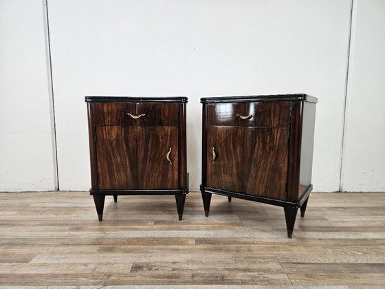 Coppia di comodini in mogano anni '50 con anta e cassetto, Legno, Metallo, Marrone, Vintage (foto 4 di 15)
