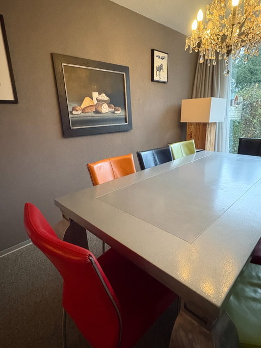 Zinc dining table with or without 8 leather chairs (Henders & Hazel) on wheels