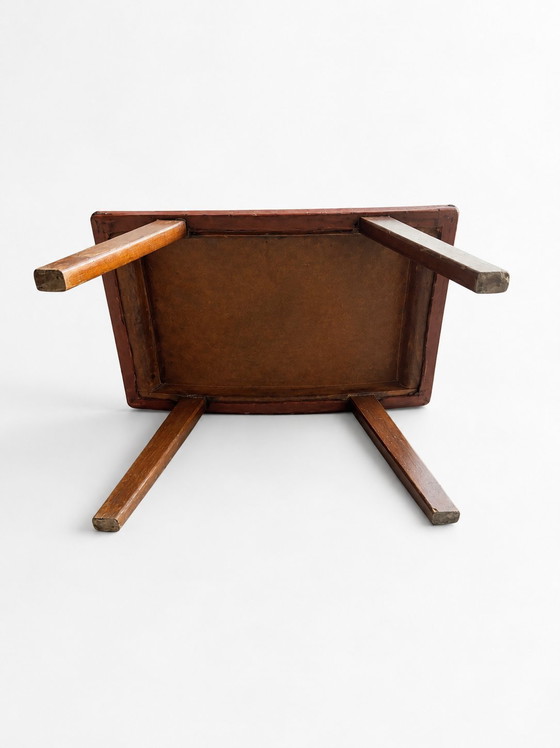 Image 1 of 1960s Mid-Century Brutalist Cognac Leather Saddle Ottoman Tapered Wood Stool