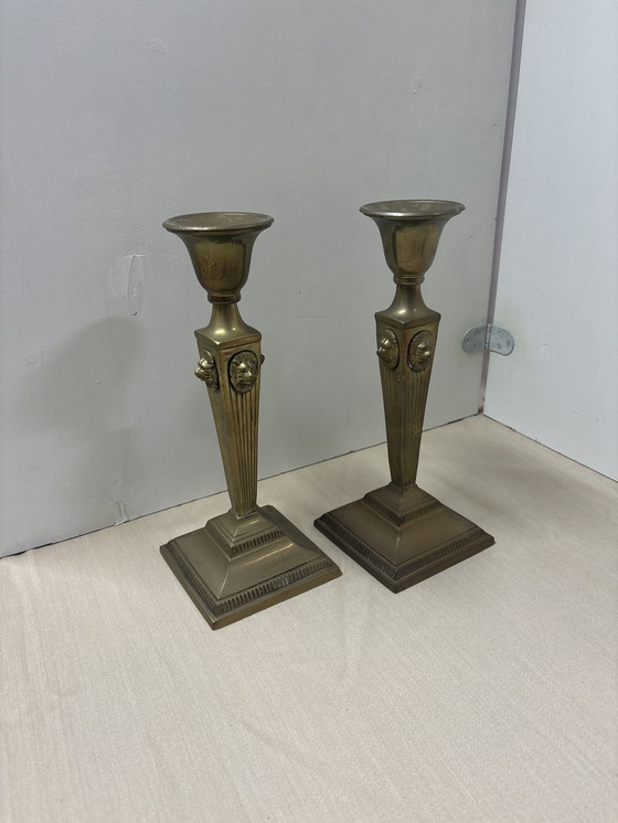 Image 1 of Vintage set of two empire style lion's head antique candlesticks