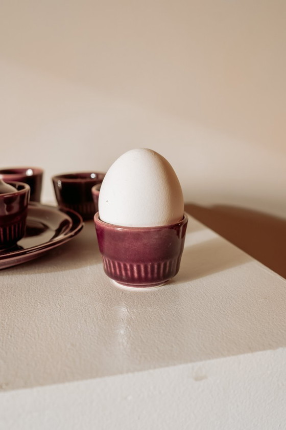 Image 1 of Purple ceramic breakfast set with egg cups and salt and pepper shakers, 1970s