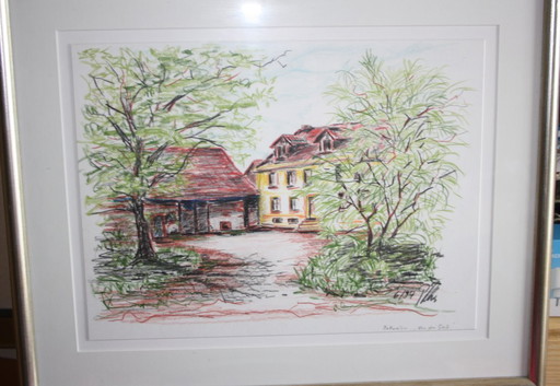 Pastelschilderij met huismotief