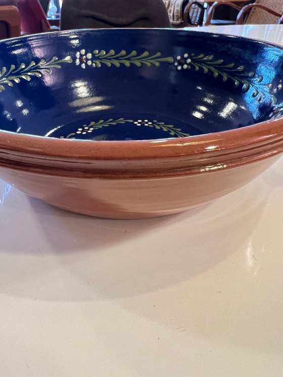 Image 1 of Vintage pudding bowl | Mid-Century ceramics | Terracotta outside, blue inside with floral motif