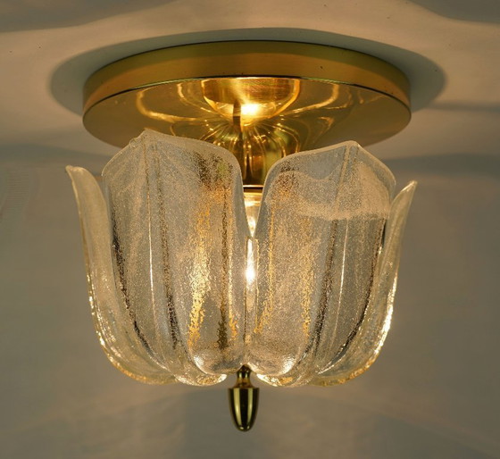 Image 1 of glashuette limburg CEILING LIGHT flush mount model A475 3031 flower-shaped glass shade and brass 1970s