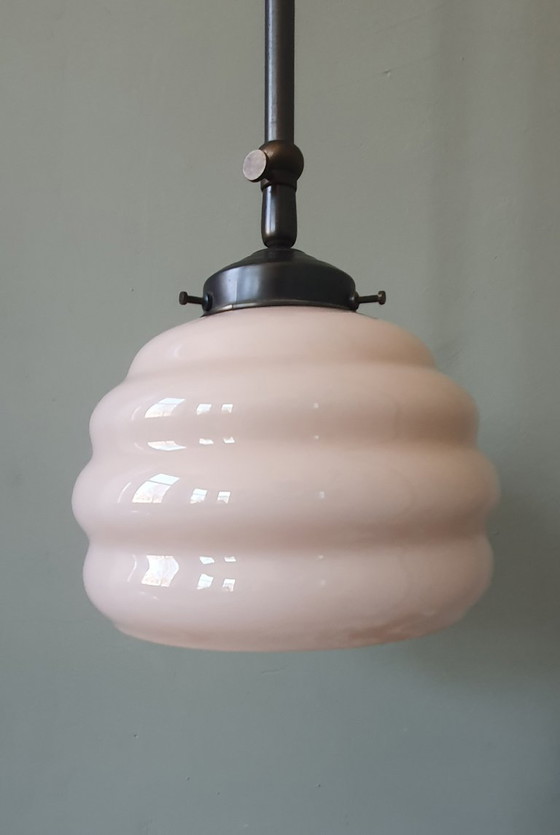 Image 1 of Long Vintage Art Deco Rose Opaline pendant lamp - hanging lamp