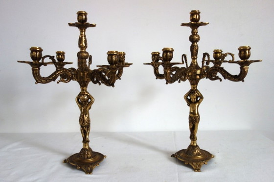 Pair of Cherub Gilt Bronze Candlesticks, early 20th Century, Decorative Objects, Brass, Gold, Vintage (photo 2 of 13)