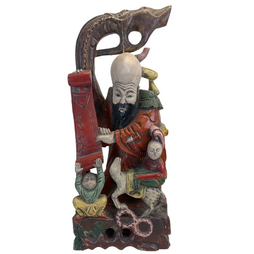 Monumentale Handgesneden Chinese Teakhouten Shoulao Beeldhouwkunst – God van de Levensduur (65.5 x 27.5 cm / 8.6 kg)
