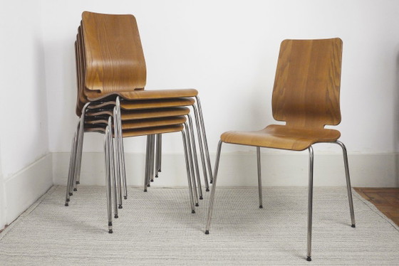 Image 1 of Chaises IKEA Gilbert en teck vintage, ensemble de 6 chaises de salle à manger empilables en contreplaqué de teck, style scandina