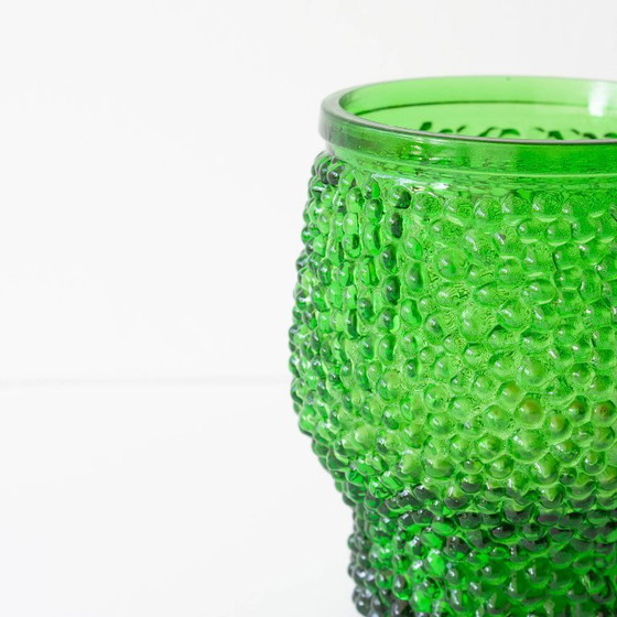 Image 1 of Vintage Green Set of 6 Cocktail bubble glasses, ice bucket and ice clamps, 1970's