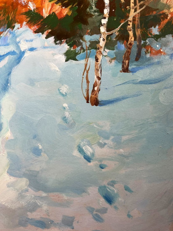 Image 1 of Original Oil Painting Snow Forest Landscape Winter path in the forest