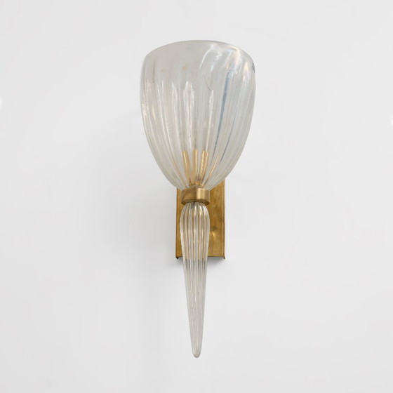 Image 1 of Pair of Italian Murano Iridescent Glass and Brass Wall Sconces