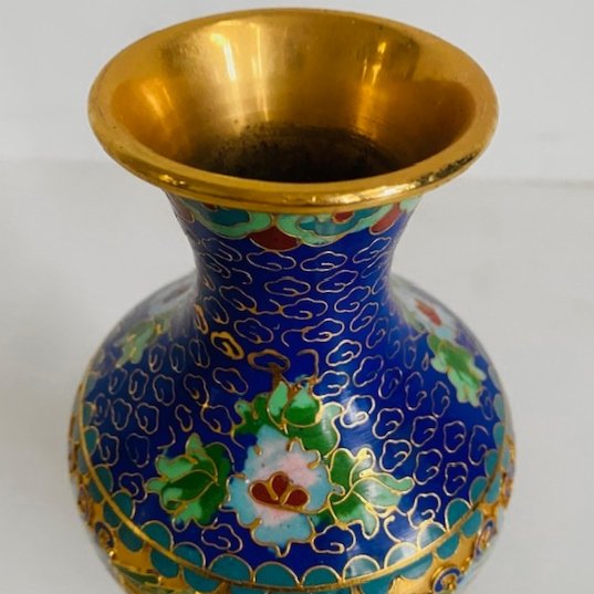 Image 1 of Vintage oriental cloisonne vase blue floral patterns boho 1980s