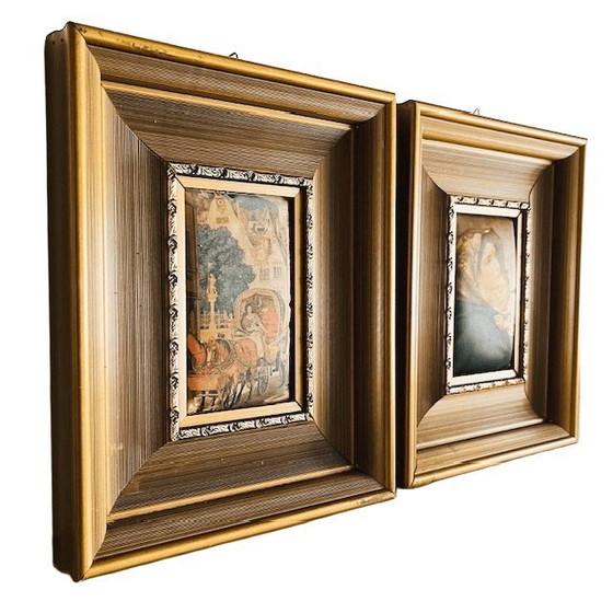 Image 1 of Set of Vintage Silk Paintings with Gold Frames 1960s