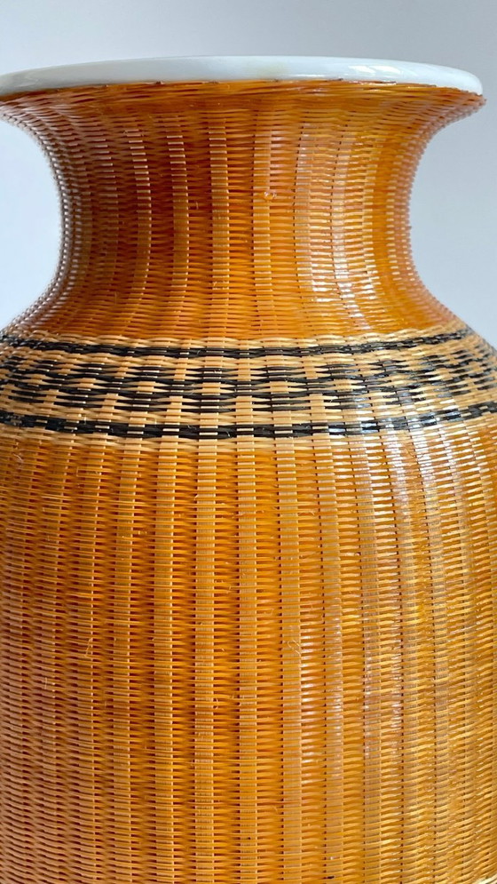 Image 1 of Vintage Woven Bamboo and Fine Porcelain Vase