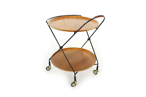 Image 1 of Almost As New, Jie Gantofta Mid-Century String Serving Trolley / Tea Trolley, Sweden, Teak, Steel Leather, Completely Restored!