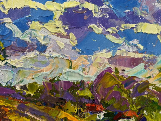 Image 1 of Original Oil Painting Summer Village Landscape Clouds float like fairy tail ships