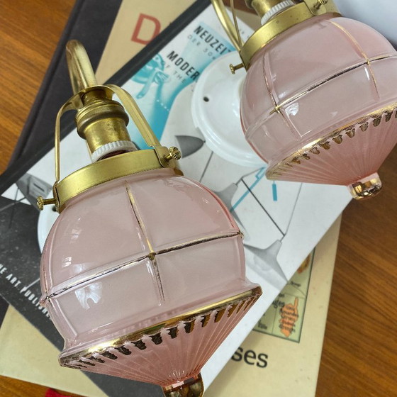 Pair of Antique Brass Swan Neck Wall Sconces, Vintage Pink Glass Globes and Gilding, Porcelain Rosettes (photo 4 of 9)