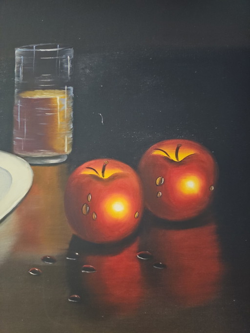 Large oil painting Still Life Apples - Frank Lean - Oil on wood – schilderijen tekeningen (photo 2 of 6)