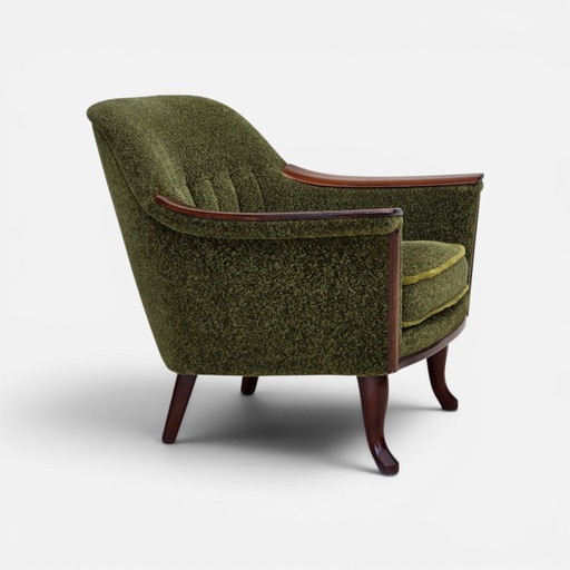 Anni '70, poltrona norvegese, tessuto d'arredamento verde, legno di teak.