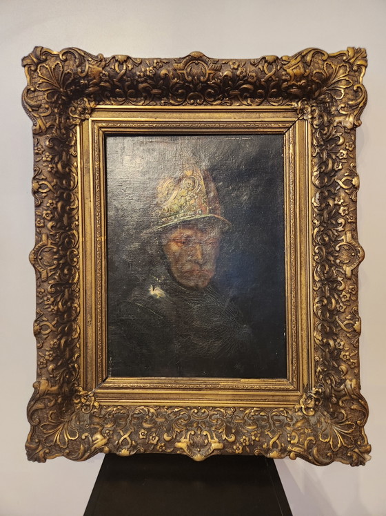 Image 1 of Pintura al óleo antigua - "El hombre del casco de oro" - Según Rembrandt van Rijn - ca. 1900 - Incluye marco barroco monumental