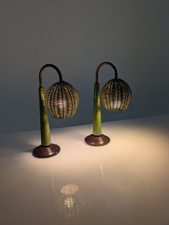 Image 1 of Lampade in rattan verde in stile moderno organico Mario Lopez Torres, anni '80