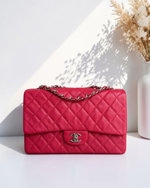 Borsa Chanel Classic Flap Jumbo - Caviar 30cm Single Flap Trapuntata Rosa Rosso Argento Hardware Serie 12