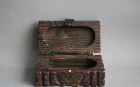 Image 1 of Wooden box, jewelry box, treasure chest, dark wood, rectangular, solid, hand-carved, vintage