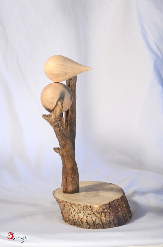 Decorative bird perched on a tree and base, handmade solid wood, Made in France, 23x30cm – Sculpture (photo 5 of 6)