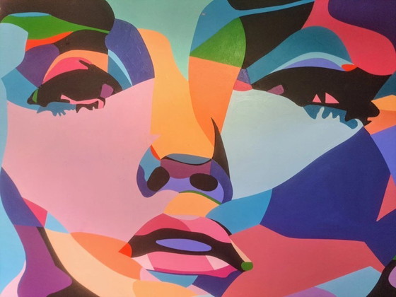 Image 1 of Pop-art portrait "Love You" - colorful abstract painting on MDF by Franklin van Dam (118x82cm)