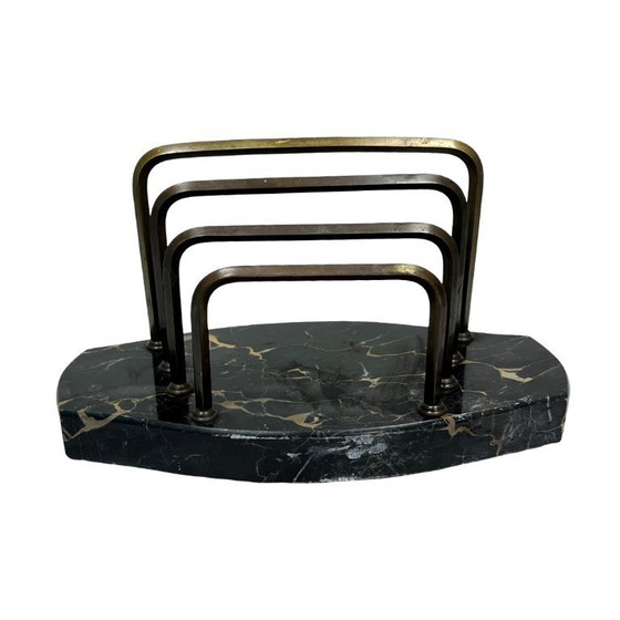 Image 1 of Art Deco Executive Desk Set: Letter Holder and Blotter – Portoro Marble and Brass – 1930s