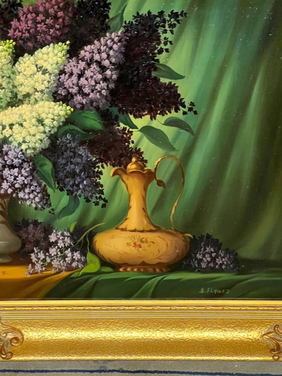Schilderij gesigneerd "Stilleven met seringen". – Schilderijen & Tekeningen, Canvas (photo 3 of 7)