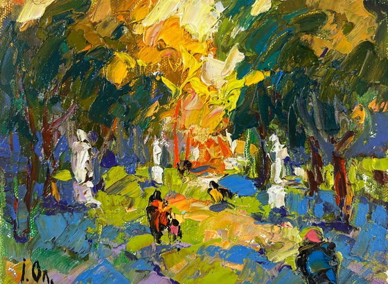 Image 1 of Peinture à l'huile originale représentant un paysage d'arbres d'été dans une allée du parc