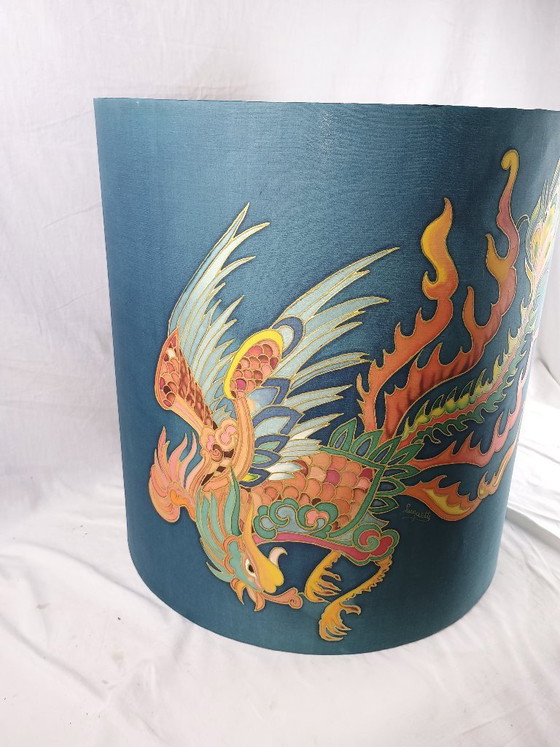 Image 1 of Handmade Signed Silk Dragon Lampshade, Large Vintage Style Table or Floor Lamp Shade, Asian Inspired Decorative Shade